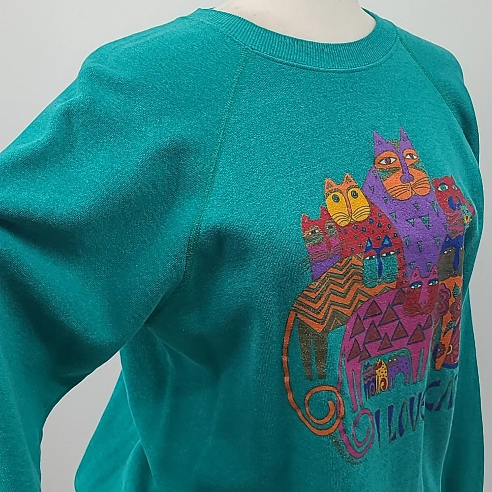 Vintage Laurel Burch I LOVE CATS! Sweatshirt teal green large hanes - Picture 11 of 16